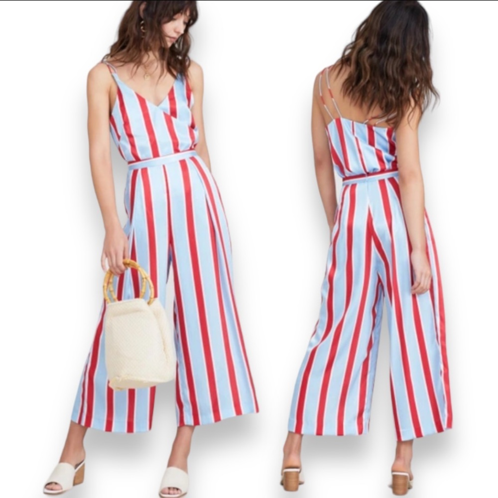 NWOT! FINDERS KEEPERS Retrograde Sky Stripe Surplice Satin Jumpsuit X-Small